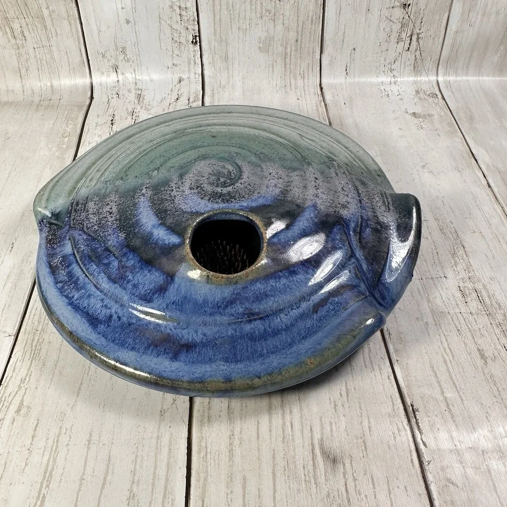 VTG Handmade Ikebana Pottery Vase W/ Floral Frog Blue & Green Glaze Signed Colby